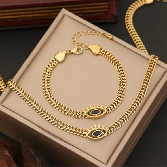 New Eye Evil Symbolic Charm 18K Gold-Plated Necklace & Bracelet Set - Picture 1 of 10